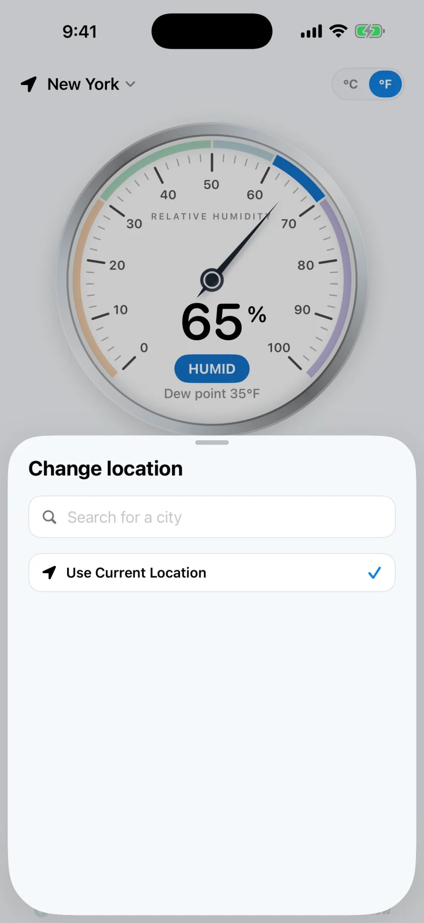 Location search and saved places in Hygrometer app.